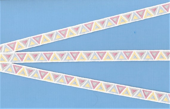 GEOMETRIC B-10-A Jacquard Ribbon Cotton Trim, 1/2" Wide (13mm) White w/Pastel Shades in Yellow, Rose, Blue & Mint Triangle Design, Per Yard