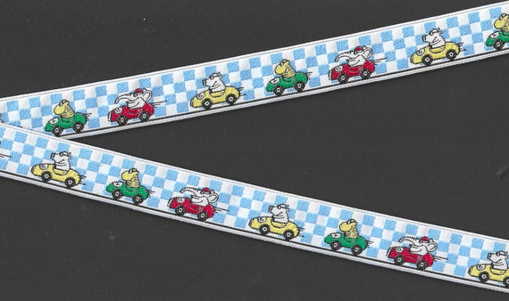 CHILDREN's E-21-A Jacquard Ribbon Poly Trim 7/8" wide (22mm) Blue & White Checkered Background with Dogs in Racing Cars