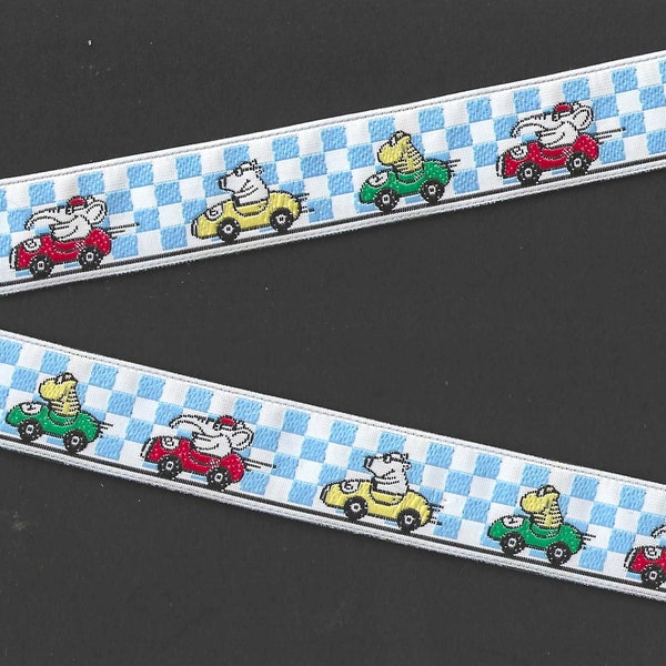 CHILDREN's D-08-A Jacquard Ribbon Poly Trim 13/16" wide (21mm) Blue & White Checkered Background with Animals in Racing Cars