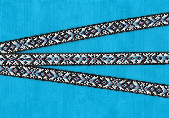 NATIVE AMERICAN B-13-A Jacquard Ribbon Poly Trim 1/2" wide (13mm) Black Background w/Turquoise & White Arrow Design, Pink Accents, Per Yard