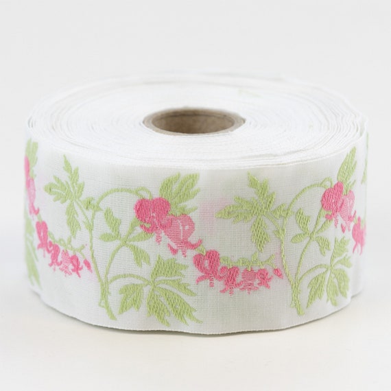 KAFKA H-07/01 Jacquard Ribbon Woven Organic Cotton Trim 1-1/2" wide (38mm) White Background w/Hanging Pink "Crying Heart" Flowers