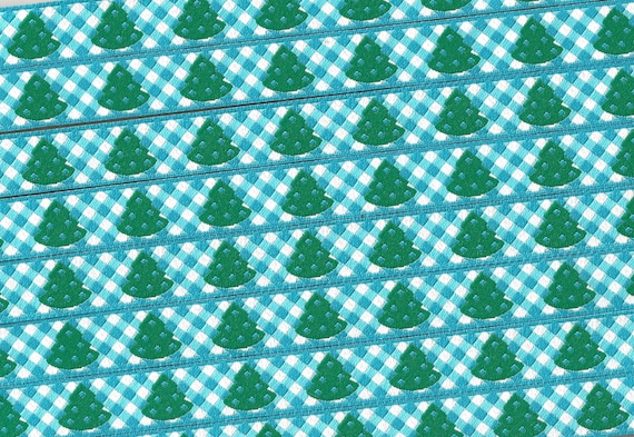HOLIDAY B-08-A Jacquard Ribbon Poly Trim 1/2" wide (13mm) FROLLEIN, Turquoise Check w/Christmas Trees