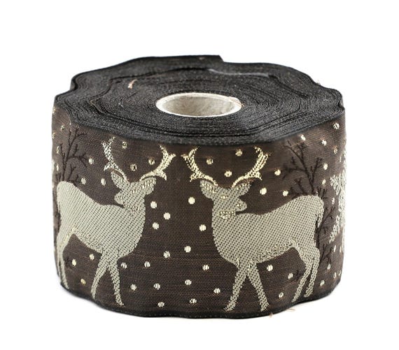 KAFKA K-07/02 Jacquard Ribbon Woven Organic Cotton Trim 2" wide (50mm) Brown w/Beige Reindeer w/Metallic Gold Antlers & Snowflakes