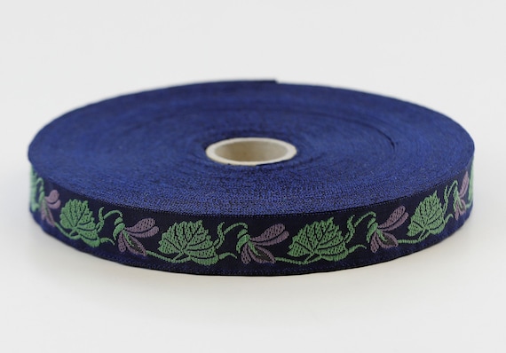 KAFKA C-01/06 Jacquard Ribbon Woven Organic Cotton Trim 5/8" wide (16mm) Navy Blue Background w/Purple "Violets", Green Leaves, Per Yard