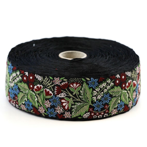 KAFKA H-16/03 Jacquard Ribbon Woven Organic Cotton Trim, 1+9/16" wide (40mm) "FLOWER DREAMS" Black w/Blue, Burgundy, Pink & Green