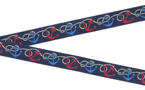 SPORTS/Nautical E-02-B Jacquard Ribbon Poly Trim 7/8" wide (22mm) Navy w/Red & Blue Anchors