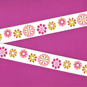 FLORAL E-01-C Jacquard Ribbon Poly Trim 7/8&quot; wide (22mm) LFNT from Renaissance Ribbons White w/Pink, Hot Pink & Lime Green MOD Retro Flowers