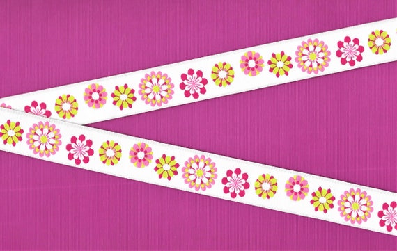 FLORAL E-01-C Jacquard Ribbon Polyester Trim 7/8" wide (22mm) White Background w/Pink/Hot Pink/White/Lime Green MOD Retro Flowers
