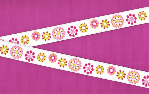 FLORAL E-01-C Jacquard Ribbon Polyester Trim 7/8" wide (22mm) White Background w/Pink/Hot Pink/White/Lime Green MOD Retro Flowers, Per Yard