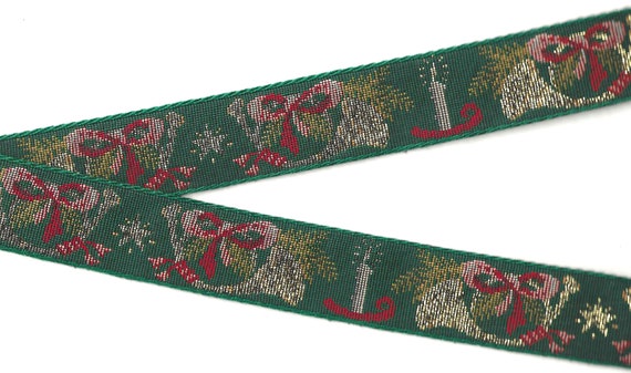 HOLIDAY G-03-A Jacquard Ribbon Cotton Trim 1-1/8" wide (28mm) VINTAGE from Germany, Green w/Metallic Gold French Horns, Red Bows & Candles