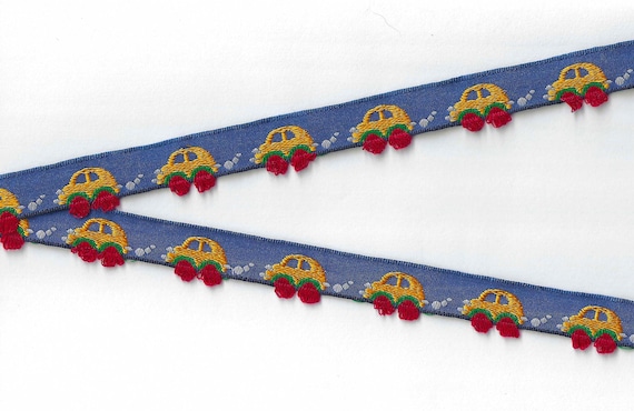 CHILDREN's B-04-A Jacquard Ribbon Poly Trim 1/2" wide (13mm) Made in France, Navy w/Yellow Cars