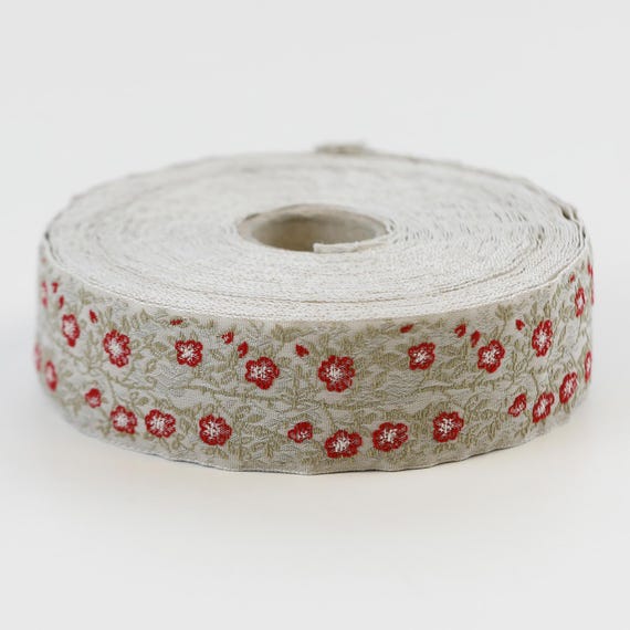 KAFKA F-02/16 Jacquard Ribbon Woven Organic Cotton Trim 1" wide (25mm) Beige Background w/Red Dog Dog Roses, Beige/Lt Gray Leaves & Vines