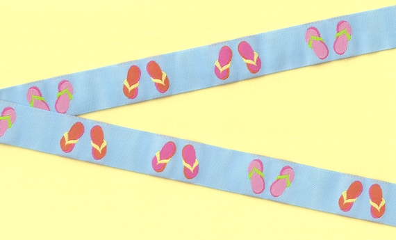 NOVELTY/Beach E-06-C Jacquard Ribbon Poly Trim 7/8" wide (22mm) Sky Blue Background w/Bright, Multi-Color Flip Flops Beach Sandals, Per Yard