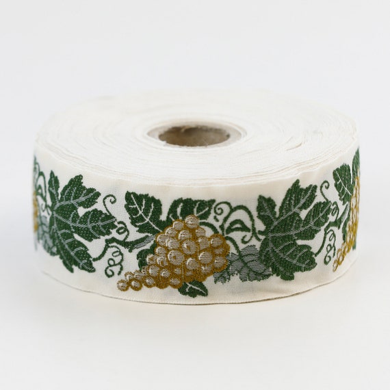 KAFKA G-09/03 Jacquard Ribbon Woven Organic Cotton Trim 1-1/4" wide (32mm) Beige Background, Golden Yellow Grapes, Green Leaves