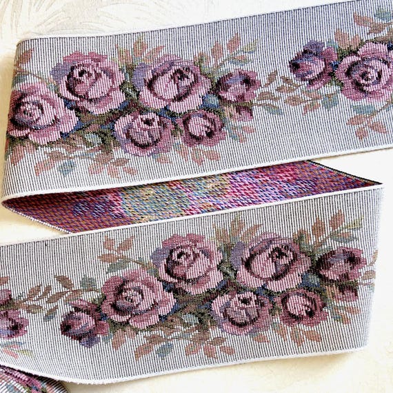 FLORAL TAPESTRY N-03-E Jacquard Ribbon Cotton Trim 4"wide (100mm) VINTAGE Gray w/Roses