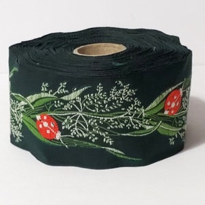 KAFKA H-01/04 Jacquard Ribbon Woven Organic Cotton Trim 1-1/2" wide (38mm) Sweet Red Ladybugs on Green w/Lt Green Leaves & Stems