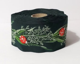 KAFKA H-01/04 Jacquard Ribbon Woven Organic Cotton Trim 1-1/2" wide (38mm) Sweet Red Ladybugs on Green w/Lt Green Leaves & Stems