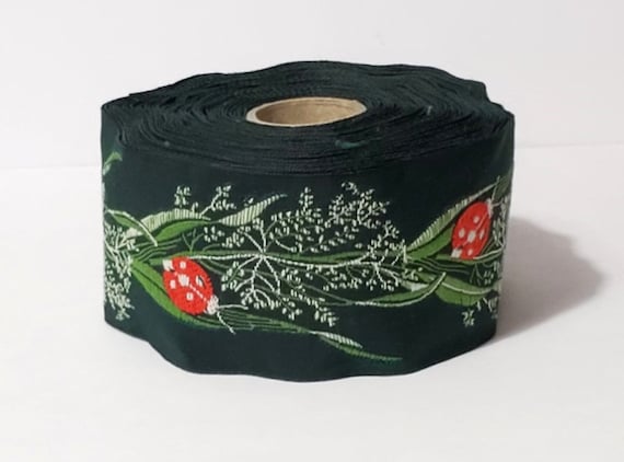 KAFKA H-01/04 Jacquard Ribbon Woven Organic Cotton Trim 1-5/8" wide (40mm) Sweet Red Ladybugs on Green w/Lt Green Leaves & Stems