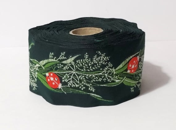 KAFKA H-01/04 Jacquard Ribbon Woven Organic Cotton Trim 1-1/2" wide (38mm) Sweet Red Ladybugs on Green w/Lt Green Leaves & Stems