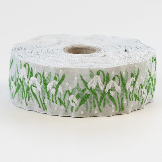 KAFKA G-01/04 Jacquard Ribbon Woven Organic Cotton Trim 1-1/4" wide (32mm) Lt Gray w/White Snowdrops, 2-Tone Green Leaves