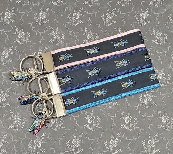Jacquard Ribbon/Nylon Web 1" wide (25mm) Key Fobs, Iridescent Beetles w/Charms, Keychain, Key Wristlet, Luggage Tags, 5.5" long Choose Color