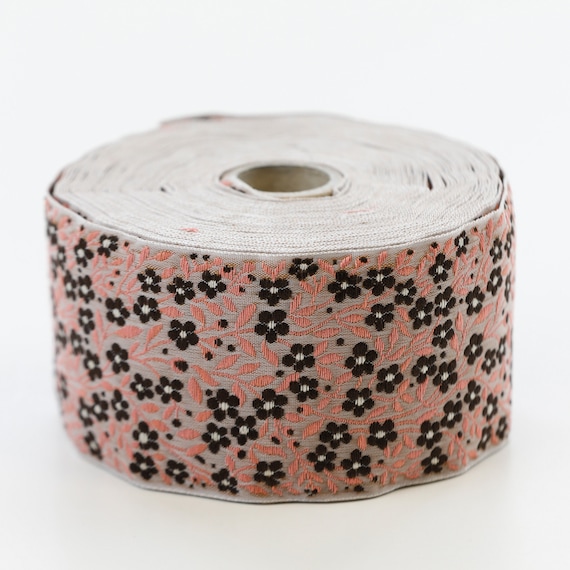 KAFKA K-02/27 Jacquard Ribbon Woven Organic Cotton Trim 2" wide (50mm) Dark Beige w/Brown & Cream Forget-Me-Nots, Apricot Leaves/Vines