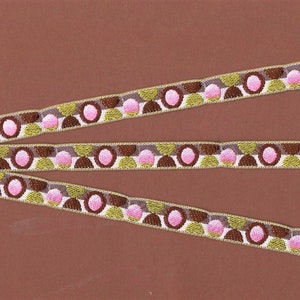 Cinta de jacquard con lunares B-21-F, ribete de poliéster, 1/2" de ancho (13 mm), poco común, fabricada en Francia, lunares retro modernos de color verde lima, rosa y marrón
