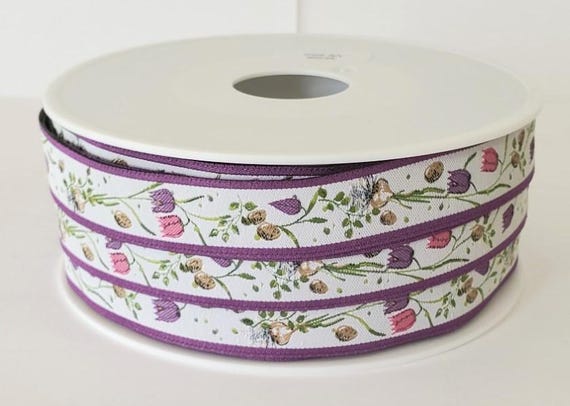 KERSTIN HESS Floral Jacquard Ribbon Woven Trim 5/8" wide (16mm) From Germany "Checkerboard Flowers" White Background w/Purple & Pink Flowers