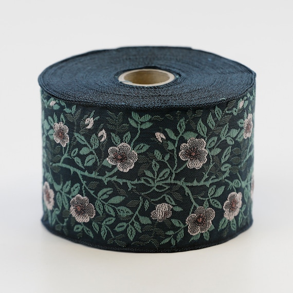 KAFKA L-01/06 Jacquard Ribbon Woven Organic Cotton Trim 2-3/8" wide (60mm) Teal w/Pink & Taupe Wild Roses, 2-Tone Green Leaves