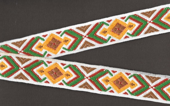 NATIVE AMERICAN G-07-E Jacquard Ribbon Cotton Trim, 1-1/4" Wide (32mm) Cream Background, Yellow Green Brown & Copper Native Design