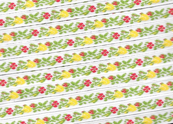 FLORAL A-08-L Jacquard Ribbon Poly Woven Trim, 3/8" Wide (9mm) White Background w/Petite Red & Yellow Flowers, Olive Green Leaves