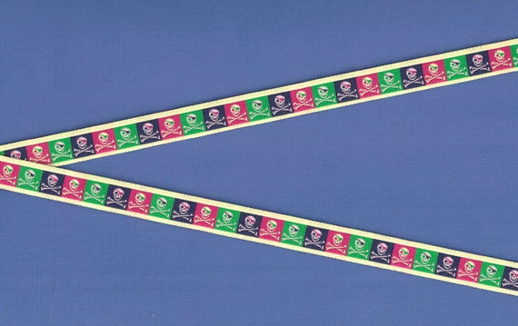 NOVELTY/Skulls B-02-A Jacquard Ribbon Poly Trim 1/2" wide (13mm) Douglas Paquette, Red/Blue/Green Blocks, Skull & Crossbones