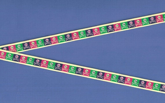 NOVELTY/Skulls B-02-A Jacquard Ribbon Poly Trim 1/2" wide (13mm) Douglas Paquette, Red/Blue/Green Blocks, Skull & Crossbones, Per Yard