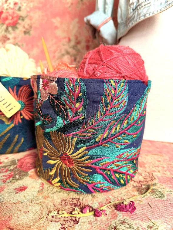 ATENTI "FLORA" Embroidered Tapestry Floral Tiny Tucker Storage Basket Organizer, USA Made