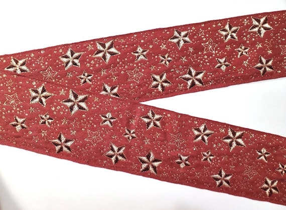 STARS M-01-A Jacquard Ribbon Poly Trim 2-3/8" Wide (60mm) VINTAGE Dark Red Background, Burg & White Stars w/Gold Metallic Accents, Per Yard