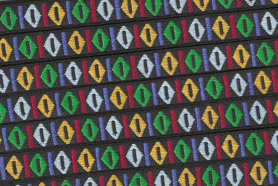 GEOMETRIC B-12 Jacquard Ribbon Poly Trim 1/2" wide (13mm) Black w/Blue/Red/Gold/Green/Lt. Blue Diamonds