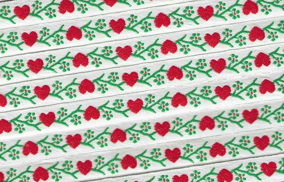 HEARTS/FLOWERS B-30-A Jacquard Ribbon Cotton Trim 1/2" wide (13mm) VINTAGE White Background, Red Hearts, Petite Green Flowers/Leaves