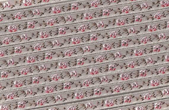 FLORAL A-01-L Jacquard Ribbon Poly Trim 5/16" wide (8mm) Gray/Taupe w/Variegated Pink Red Flowers, Brown Leaves