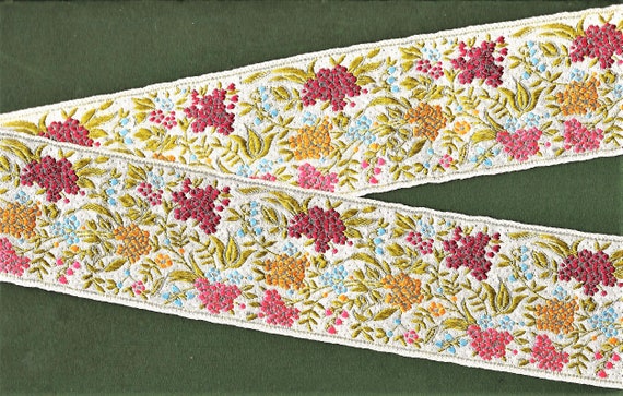 FLORAL L-10-A Jacquard Ribbon Silk/Metallic/Rayon 2" wide (50mm) VINTAGE FRANCE, Ivory Pink Yellow Burg Blue Flowers, Olive Leaves, Per Yard
