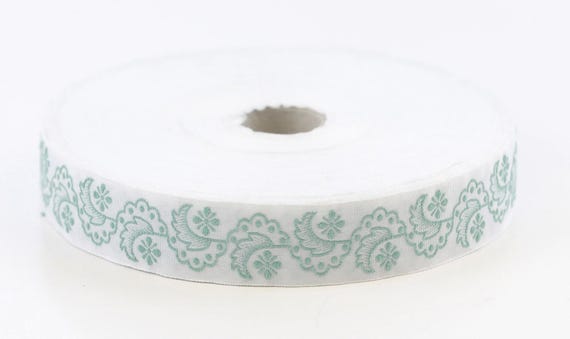 KAFKA D-13/18 Jacquard Ribbon Organic Cotton Trim 13/16" wide (20mm) White w/Aqua Flowers