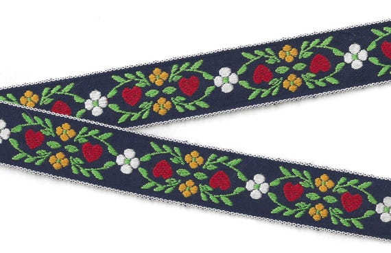 HEARTS/FLOWERS G-05-B Jacquard Ribbon Cotton Trim 1-5/16" wide (33mm) Navy Background w/Red Hearts, Yellow & White Flowers, Green Leaves