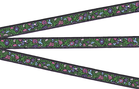 FLORAL C-07-A Jacquard Ribbon Poly Trim 5/8" wide (16mm) Black w/Purple/Blue/Pink Flowers, Green Leaves & Vines