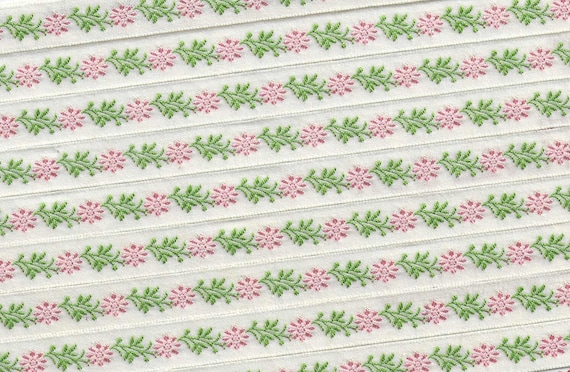 KAFKA A-02/102 Jacquard Ribbon Woven Organic Cotton Trim 7/16" wide (10mm) Ivory w/Pink Flowers, Green Leaves