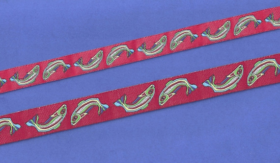 RDS 22-A Jacquard Ribbon Poly Trim, Red Background w/Rainbow Fish & Metallic Silver Accents, 5/8" (16mm) or 7/8" (22mm) Width/Length Options