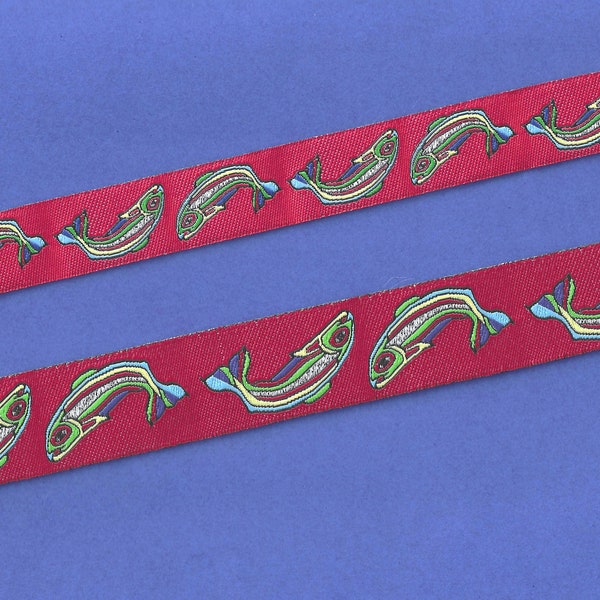 ANIMALS/Water 22-A Jacquard Ribbon Polyester Trim Red Rainbow Fish w/Metallic Silver Accents 5/8" (16mm) or 7/8" (22mm) Width/Length Options