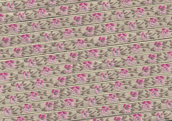 FLORAL A-01-N Jacquard Ribbon Polyester Trim 5/16" wide (8mm) Beige Background w/Variegated Pink Flowers, Brown Leaves