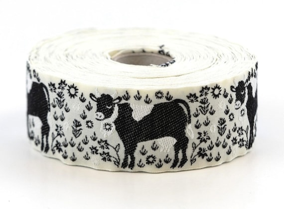 KAFKA G-17/07 Jacquard Ribbon Organic Cotton Trim 1-1/4" wide (32mm) Ivory Background w/Black & White Cows, White Flowers, Black Accents