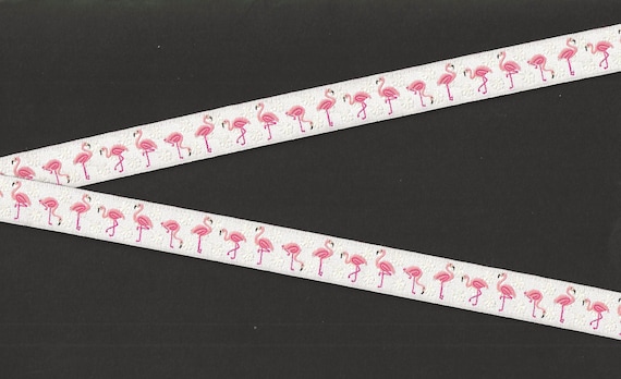 ANIMALS/Birds C-23-D Jacquard Ribbon Poly Trim 5/8" Wide (16mm) From France, White Background w/Pink Flamingos, White Flowers