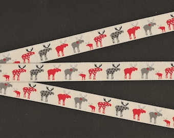 ANIMALS/Wildlife C-06-A Jacquard Ribbon Poly Trim, 5/8" Wide (16mm) Tan Background, Red & Gray Patterned Moose w/Black Accents