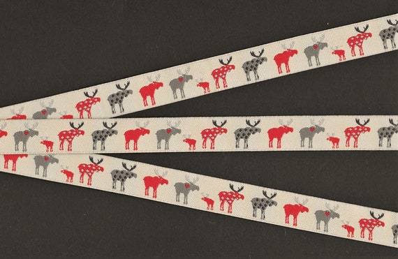 ANIMALS/Wildlife C-06-A Jacquard Ribbon Poly Trim, 5/8" Wide (16mm) Tan Background, Red & Gray Patterned Moose w/Black Accents